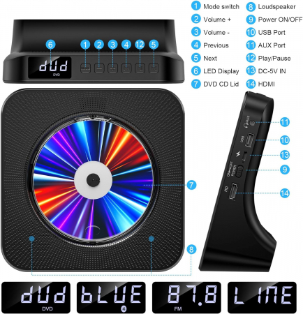 Player DVD CD, bluetooth, CD, radio, telecomanda, USB-C, Gueray - Amazon, negru [7]