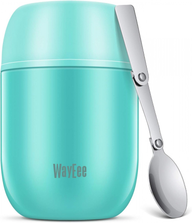 Accesorii servire - Termos alimentar 450 ml, otel inoxidabil dublu izolat, lingura pliabila, WayEee - Amazon, vernil