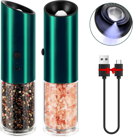 Accesorii servire - Set 2 Rasnite electrice automate pentru sare, piper, condimente, maruntire reglabila, mecanism ceramic, acumulator Li-Ion, culoare verde - GRAD A