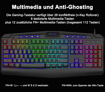 Set Gaming tastatura si Mouse (QWERTY) US lumini RGB Backlight , cu fir, suport incheietura, 104 taste  - GRAD A [2]