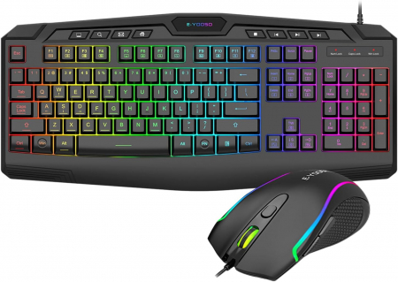 Laptop, Desktop, IT, Birotica - Set Gaming tastatura si Mouse (QWERTY) US lumini RGB Backlight , cu fir, suport incheietura, 104 taste  - GRAD A