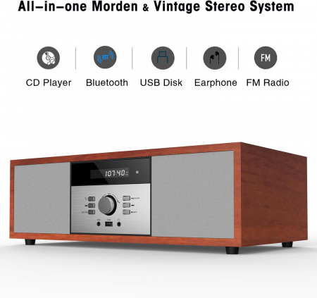 Sistem compact stereo retro, CD player, Bluetooth, radio FM, port USB, Aux-in, mufa pentru casti - GRAD A [1]