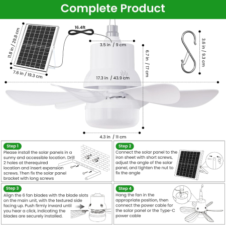 Ventilator de tavan portabil lumina LED 44cm, panou solar - GRAD A [5]