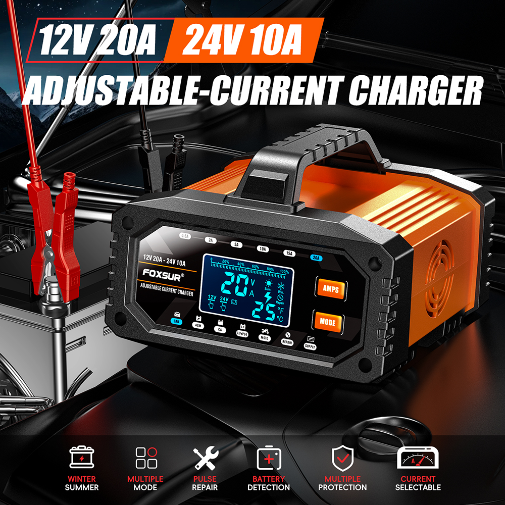Redresor auto FOXSUR 20A 12V 24V pentru baterii auto moto camion barca