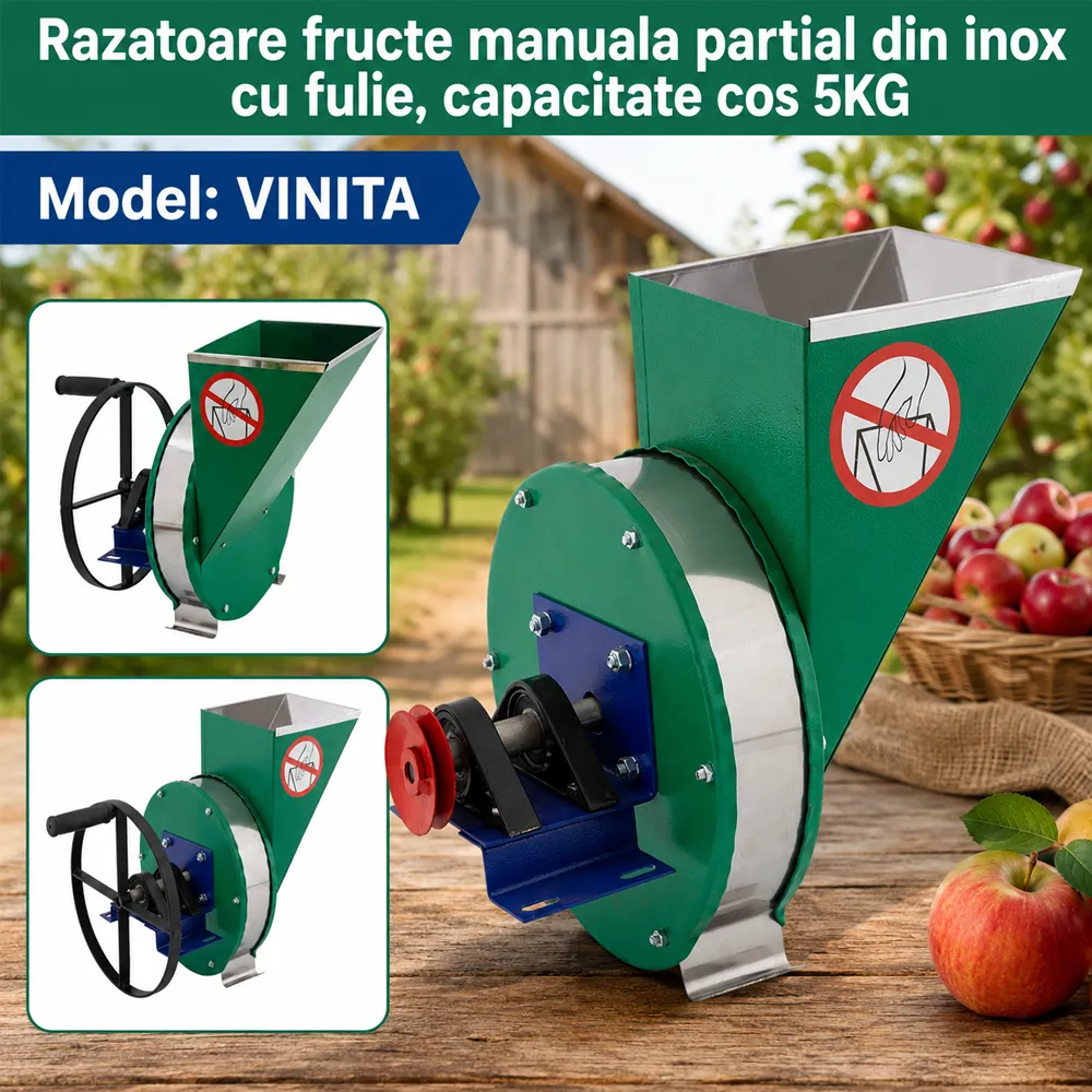Răzătoare manuală pentru fructe, parțial inox, 200 kg/h, cu fulie pentru motor, VINITA [5]