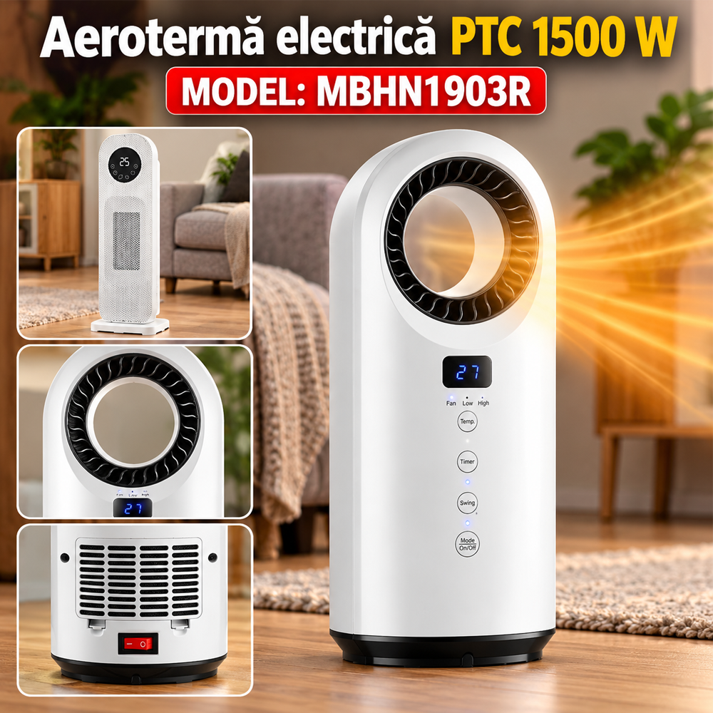 Aerotermă electrică PTC 1500 W, 3 trepte, telecomandă, oscilație 60°, temporizator 12 ore, MBHN1903R [6]