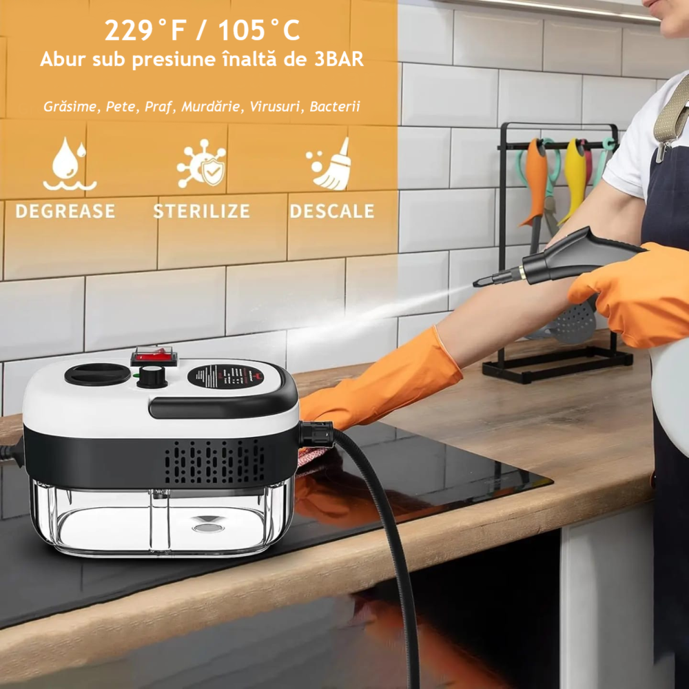Aparat de Curățat cu Abur Portabil, 2500W, Presiune 3BAR, Rezervor 1.2L, 6 Trepte de Putere, Încălzire Rapidă 15s, Profesional, Alb/Negru [5]