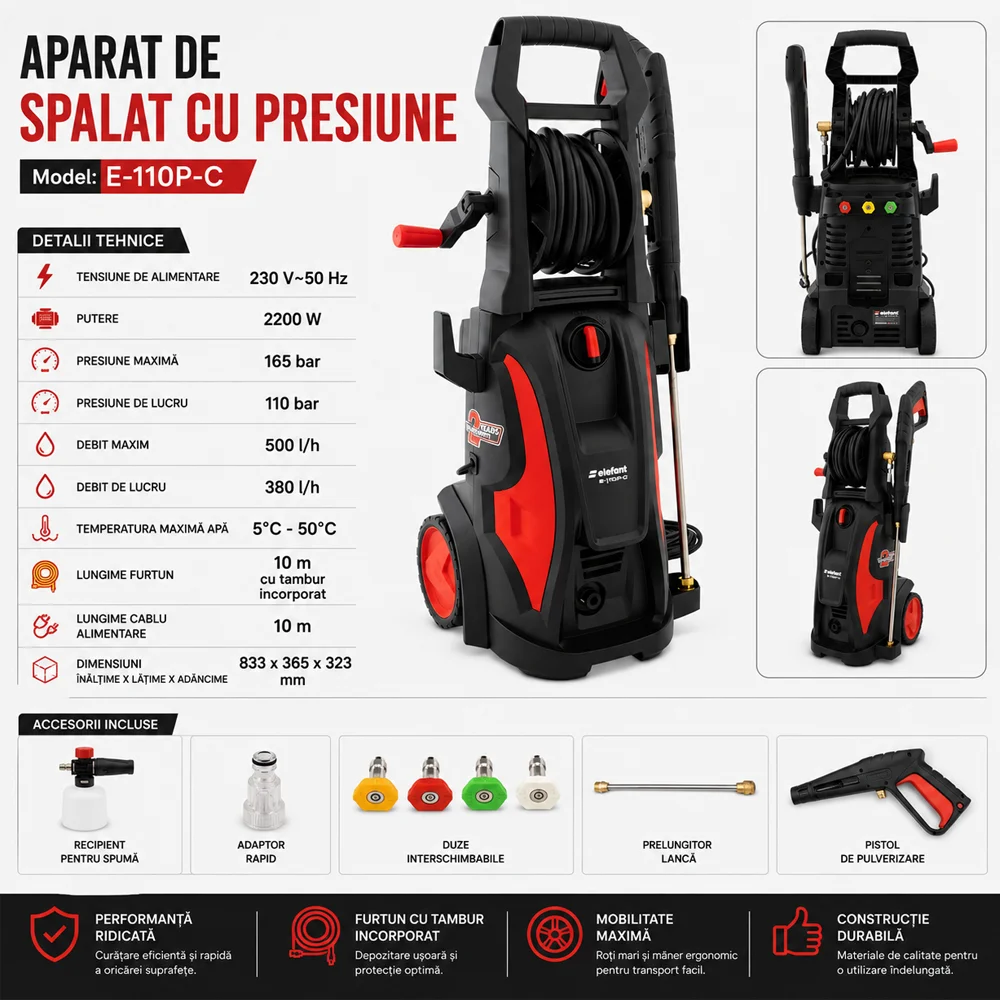 Aparat de spălat cu presiune 2200W, 165 bar, 500 l/h, furtun 10 m, E-110P-C [5]