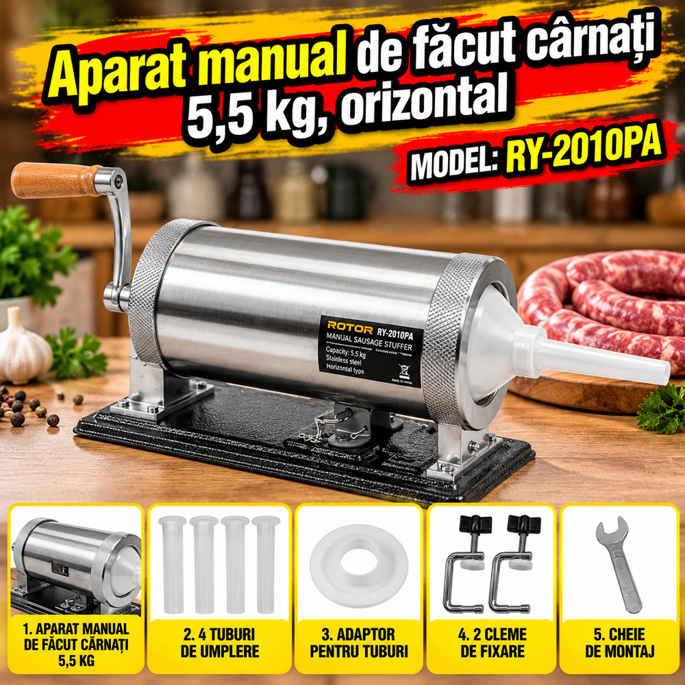 Aparat manual de făcut cârnați 5,5 kg, orizontal, cuvă rabatabilă, 4 pâlnii, fixare cu 2 cleme, RY-2010PA [6]