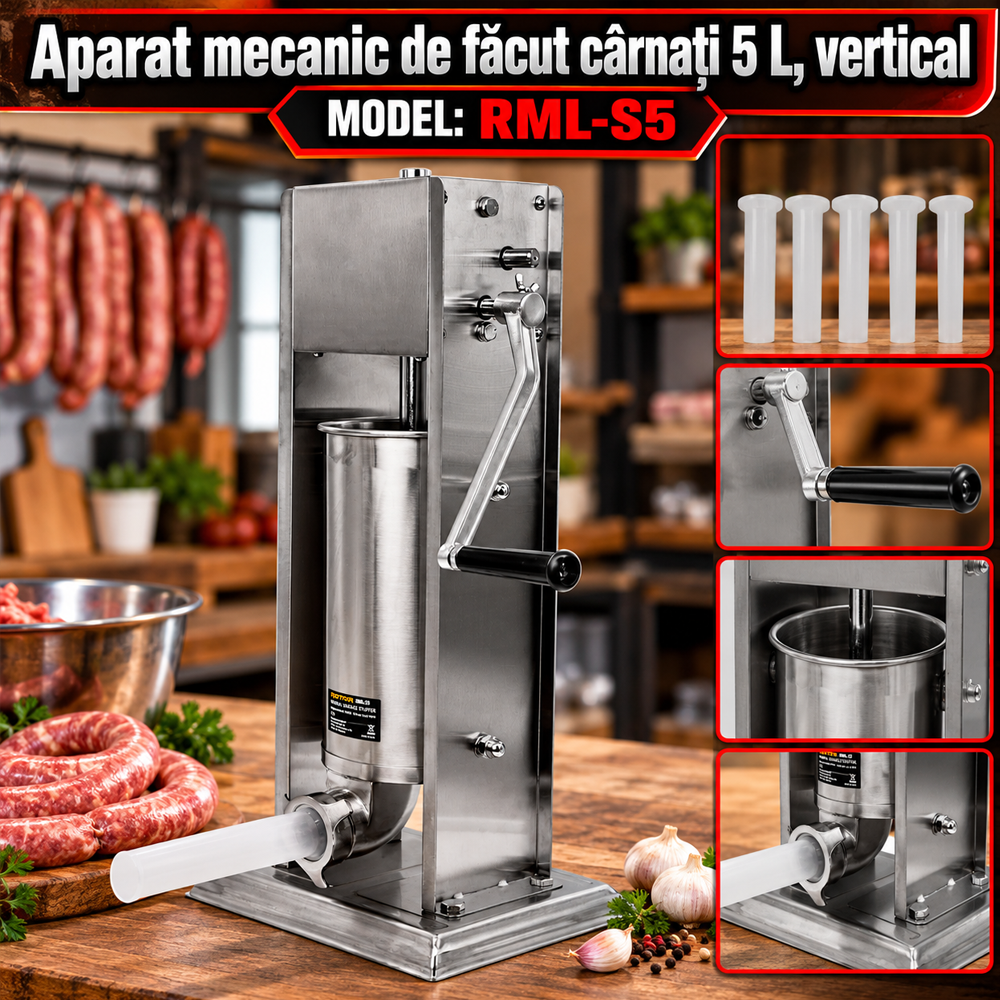 Aparat mecanic de făcut cârnați 5 L, vertical, inox alimentar, cuvă basculantă, 6 pâlnii, RML-S5 [6]