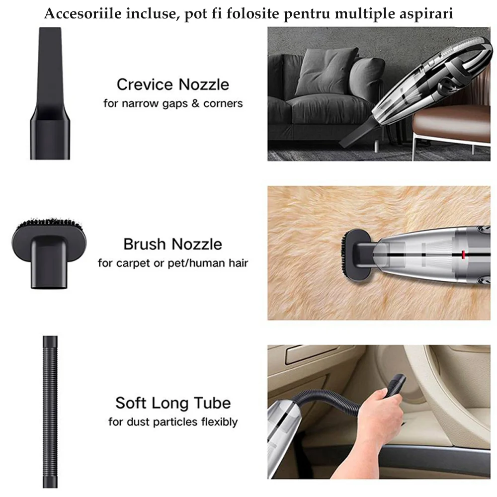 Aspirator auto sau uz caznic, aspirare umed-uscata, cu acumulator incorporata 2200 mAh, accesoriu pentru spati inguste, perie curatare, putere 120W [4]