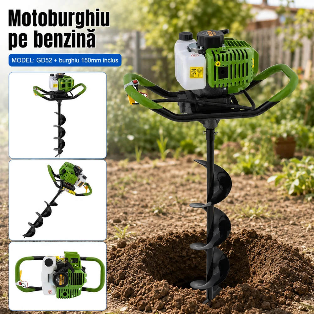 Motoburghiu pe benzină 52CC, 1400W, motor 2T, burghiu 150 x 800 mm inclus, GD52 [4]