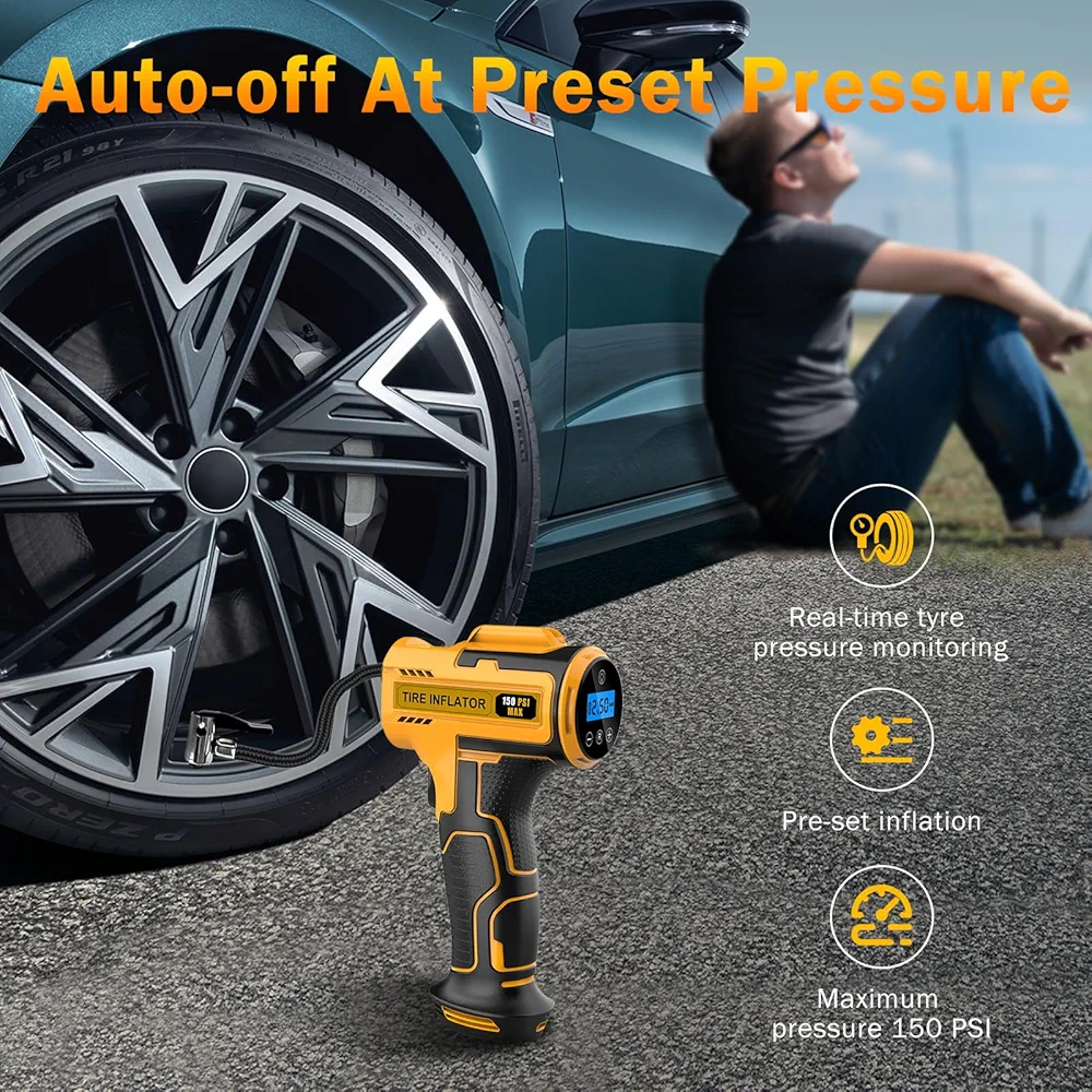 Compresor Auto-Moto Portabil, cu acumulator, 150 PSI, Fără Fir, USB-C Mini Pompă Aer Digitală cu Auto Stop și LED [3]