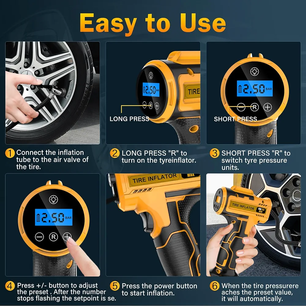 Compresor Auto-Moto Portabil, cu acumulator, 150 PSI, Fără Fir, USB-C Mini Pompă Aer Digitală cu Auto Stop și LED [2]