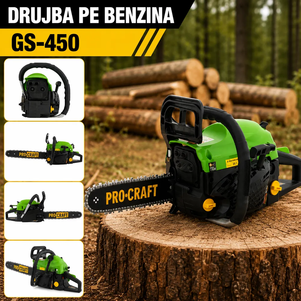 Drujbă pe benzină 52 cc, lamă 40 cm, 8000 RPM, lanț 0.325", 64 pinteni, GS-450 [6]
