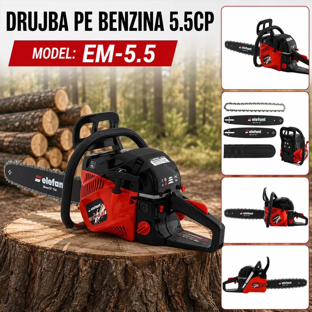 Drujbă pe benzină 5,5 CP, 52 CC, 10000 RPM, 2 lame 38/45 cm + 2 lanțuri, EM-5.5 [5]