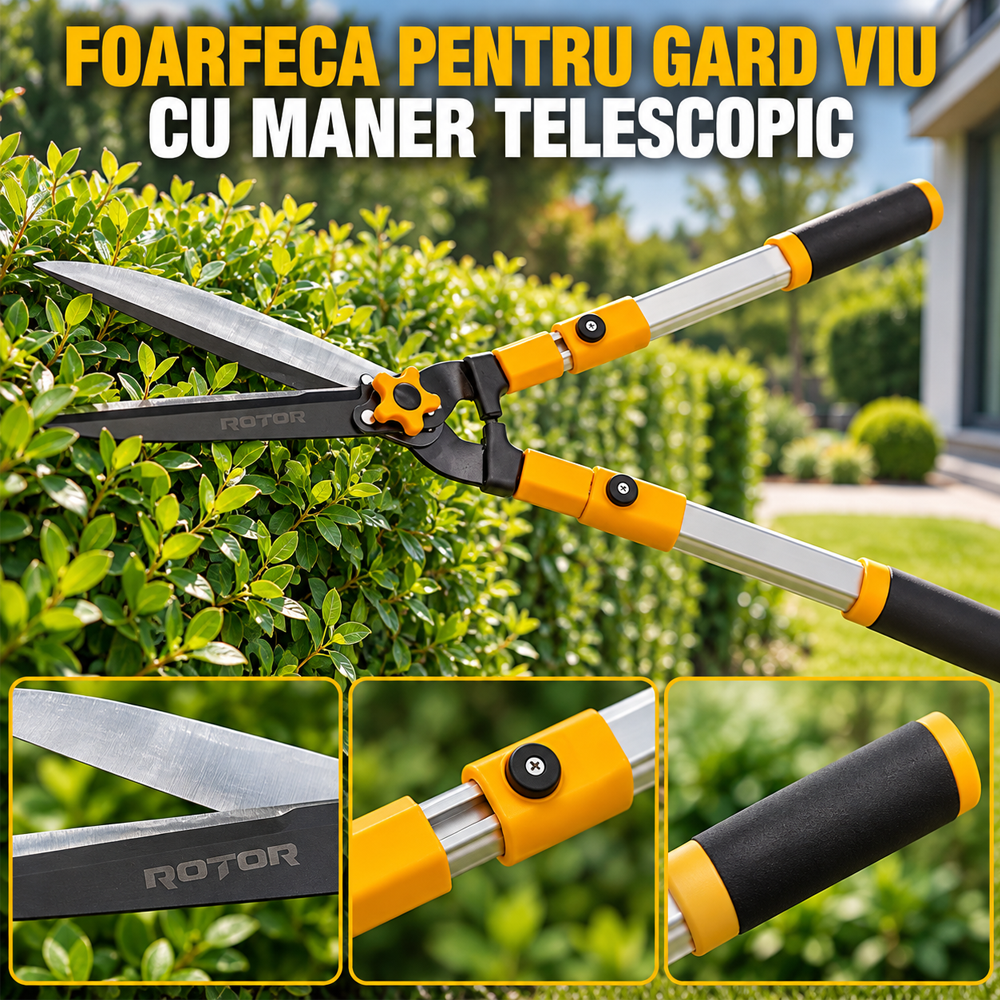 Foarfecă pentru gard viu cu mâner telescopic 68–85 cm, lame din oțel 65Mn, RFG-85 [8]