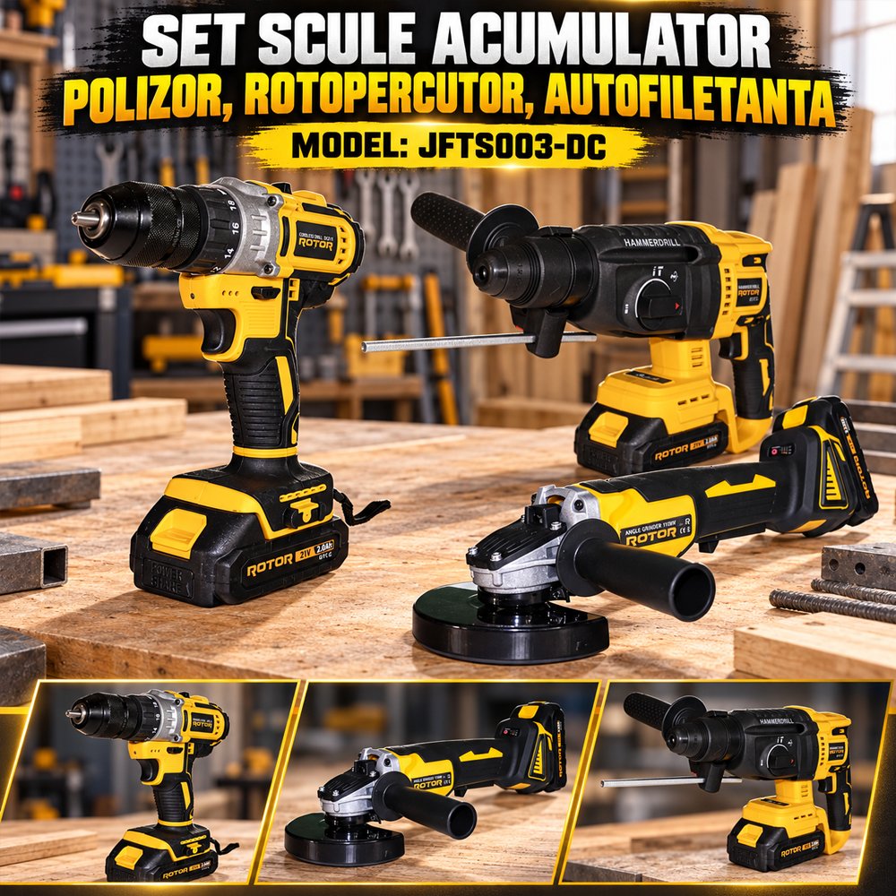 Set 3 scule cu acumulator 21V, polizor 125 mm, rotopercutor SDS și autofiletantă, JFTS003-DC [5]