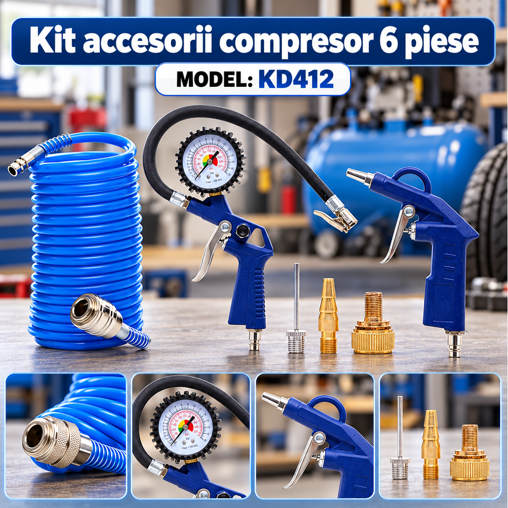 Kit 6 Accesorii Compresor, 1-16 Bar, Furtun Presiune 5m, Pistol de umflat roti [7]