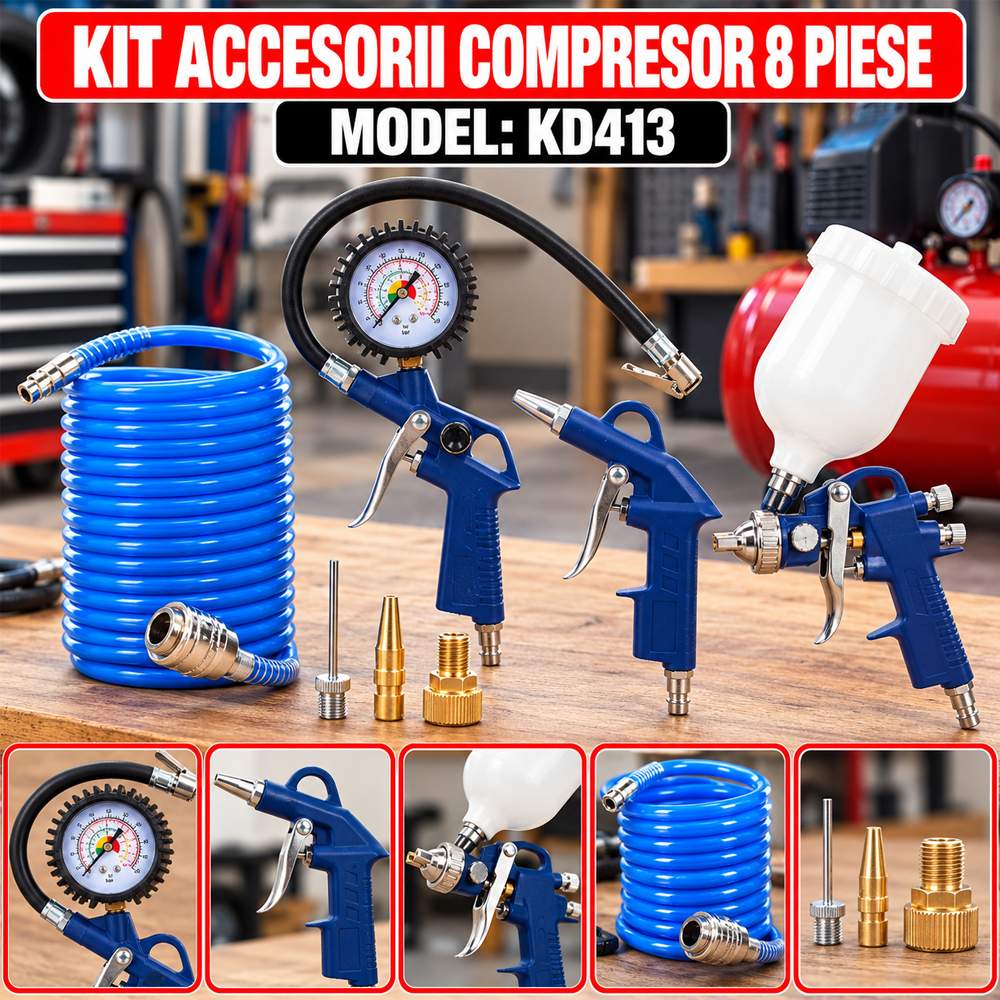 Kit accesorii compresor 8 piese, furtun spiralat 5 m, pistol vopsit, umflat și suflat, KD413 [9]