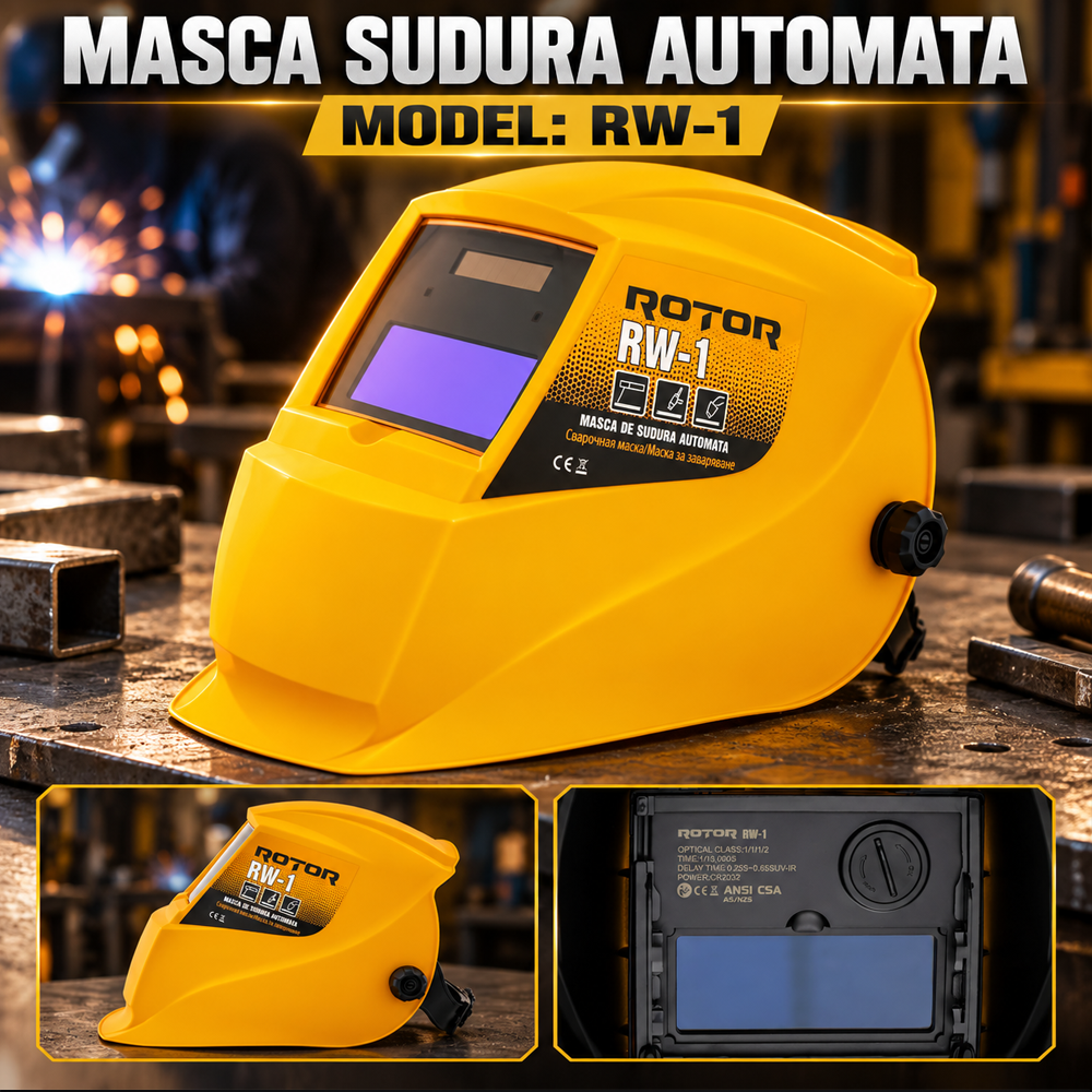 Mască de sudură automată, 2 senzori de arc, clasă optică 1/1/1/2, alimentare solară + baterie, RW-1 [4]
