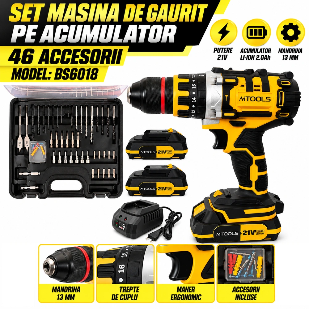 Mașină de găurit și înșurubat cu acumulator 21V, 50 Nm, mandrină 13 mm, 2 baterii + 46 accesorii, BS6018 [6]