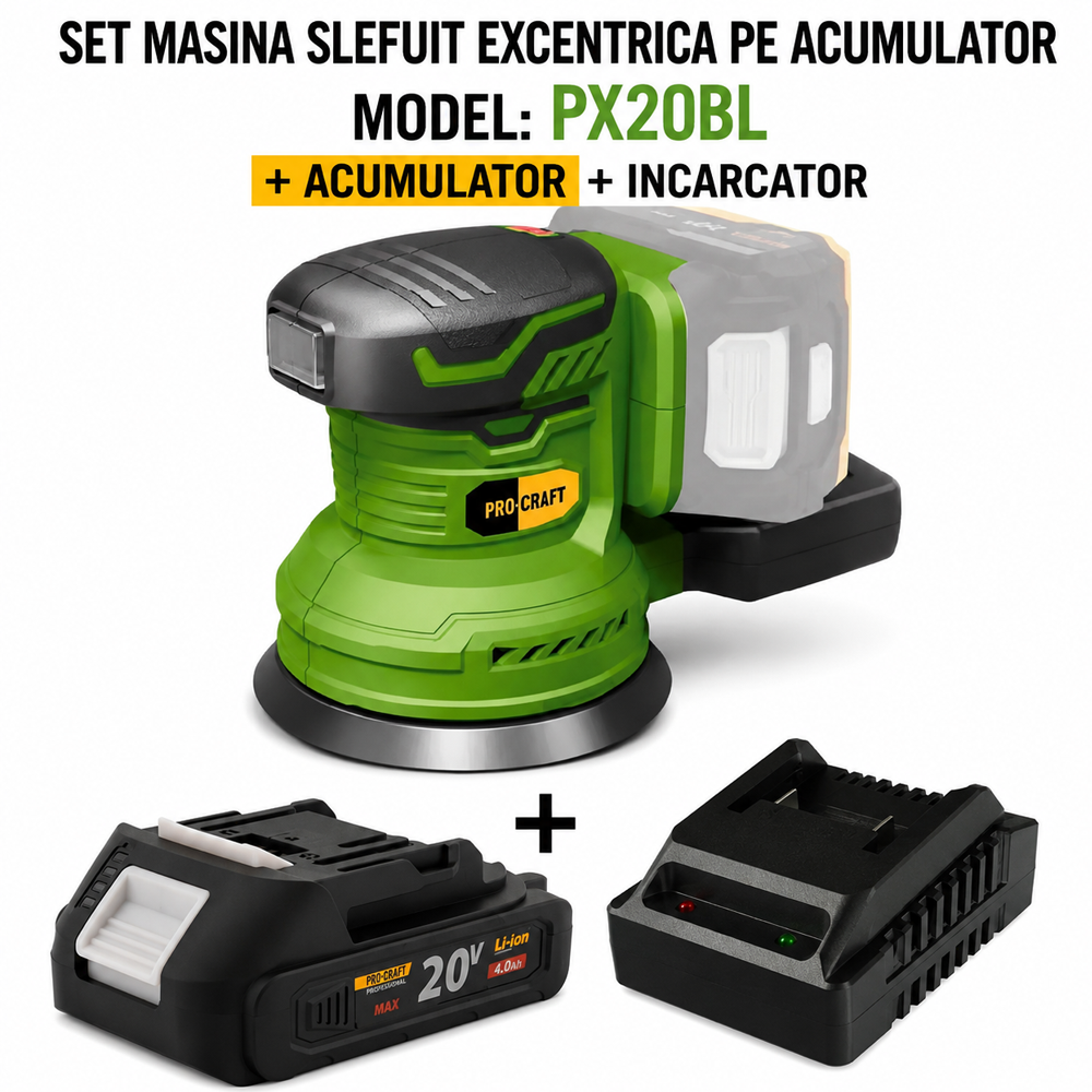 SET: Mașină de șlefuit excentrică pe acumulator 20V, Brushless, 125 mm, 6000–13000 rpm, PX20BL [Include: Acumulator și încărcător] [3]