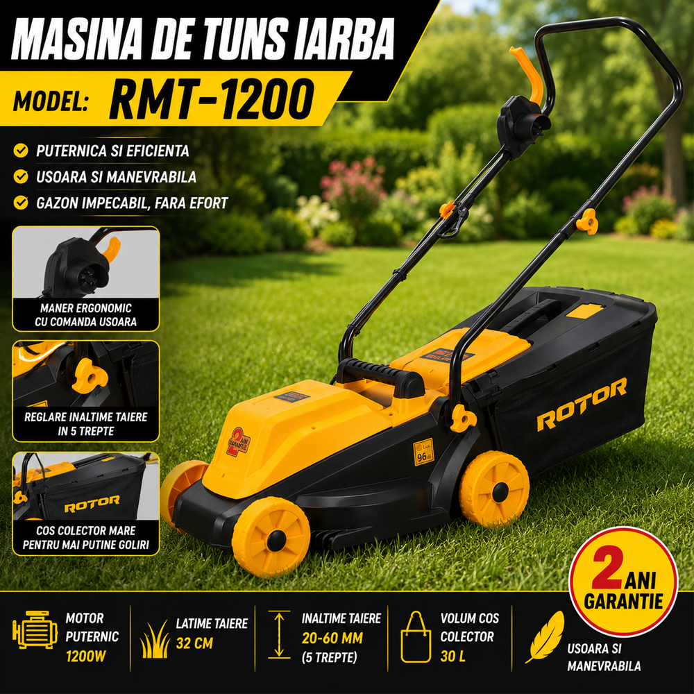 Mașină de tuns iarba electrică 1200W, 3100 rpm, lățime tăiere 32 cm, colector 30 L, RMT-1200 [5]