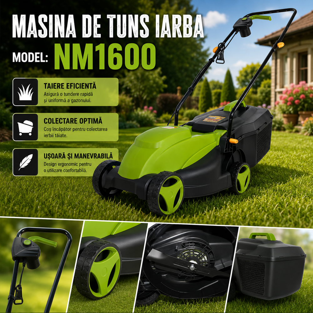 Mașină de tuns iarba electrică 1000W, 3450 rpm, lățime tăiere 32 cm, colector 30 L, NM1600 [6]