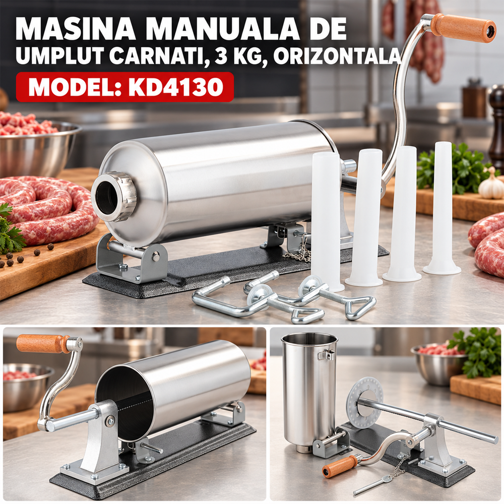 Mașină manuală de umplut cârnați orizontală, capacitate 3 kg, inox, 4 pâlnii incluse, KD4130 [7]