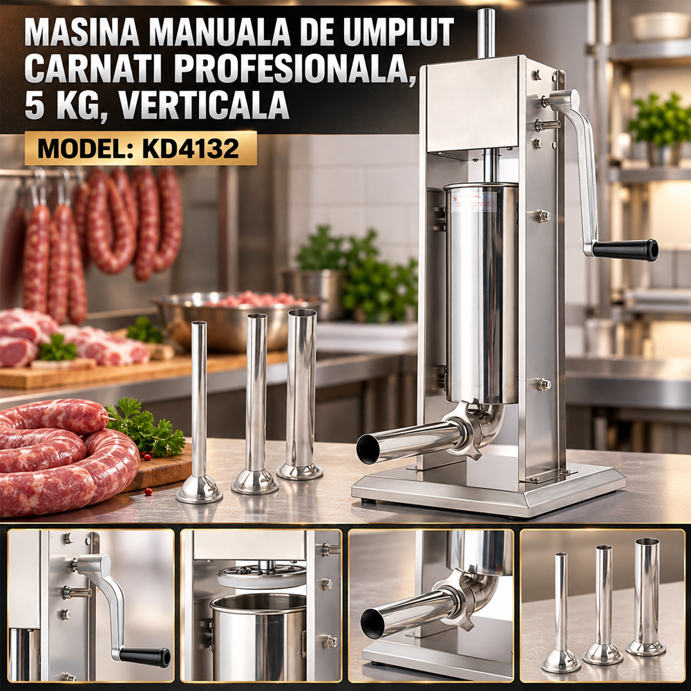 Mașină profesională de umplut cârnați, capacitate 5 kg, inox, debit 12 kg/h, 4 pâlnii incluse, KD4132 [6]