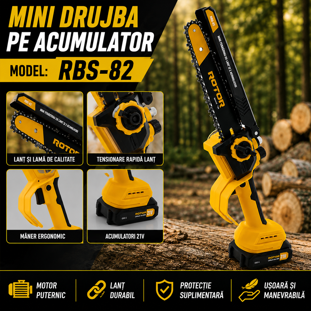 Mini drujbă pe acumulator 21V, 350W, Brushless, lamă 20 cm, 2 acumulatori 2Ah incluși, RBS-82 [4]