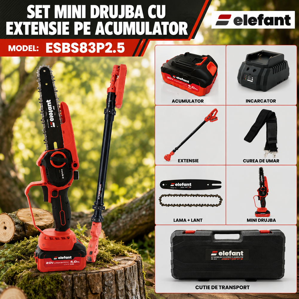 Set mini drujbă pe acumulator 20V, 350W, Brushless, lamă 20 cm + extensie telescopică 2,5 m, ESBS8EP2.5 [4]