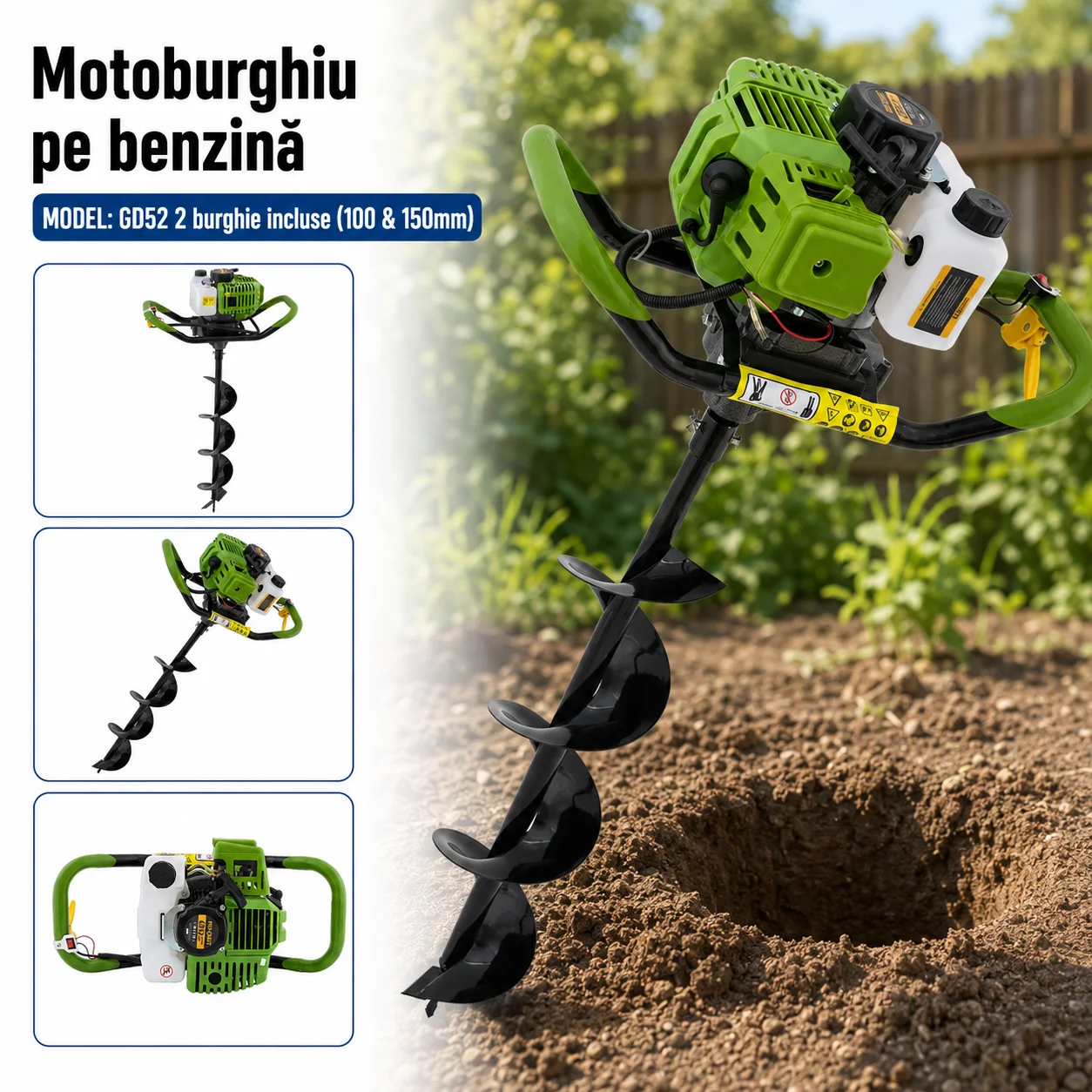 SET: Motoburghiu pe benzină 52CC, 1400W, 2T + 2 x burghie 100 & 150mm incluse, GD52 [5]
