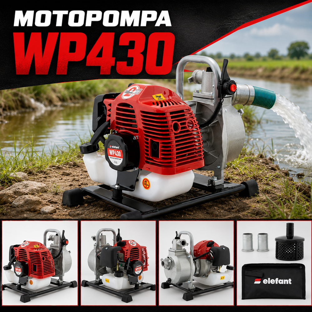 Motopompă pe benzină 2T, 1,45 kW, debit 8 m³/h, aspirație 6–8 m, racord 1", WP430 [5]