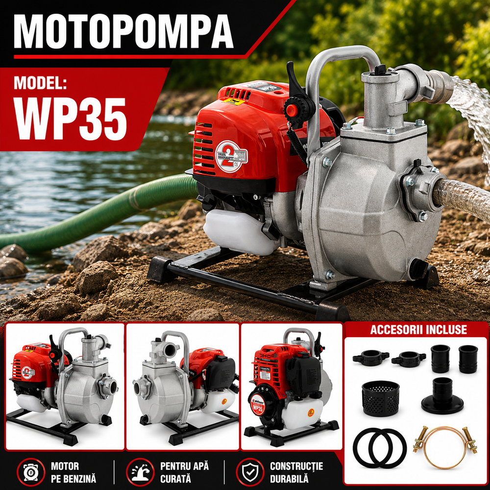 Motopompă pe benzină 4T, 1 kW, debit 8 m³/h, aspirație 6–8 m, rezervor 0,9 L, WP35 [5]