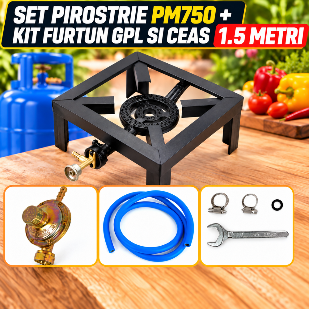 SET: Pirostrie pătrată pentru gătit în aer liber, 26,5 x 26,5 cm, PM750 + Kit furtun GPL si ceas 1.5 metri [3]