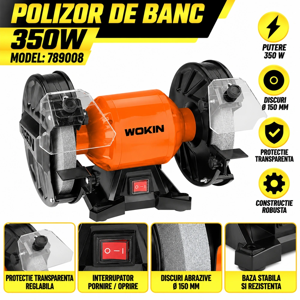 Polizor de banc 350W, 2950 rpm, discuri 200 mm, suport reglabil și protecție ochi, 789008 [2]