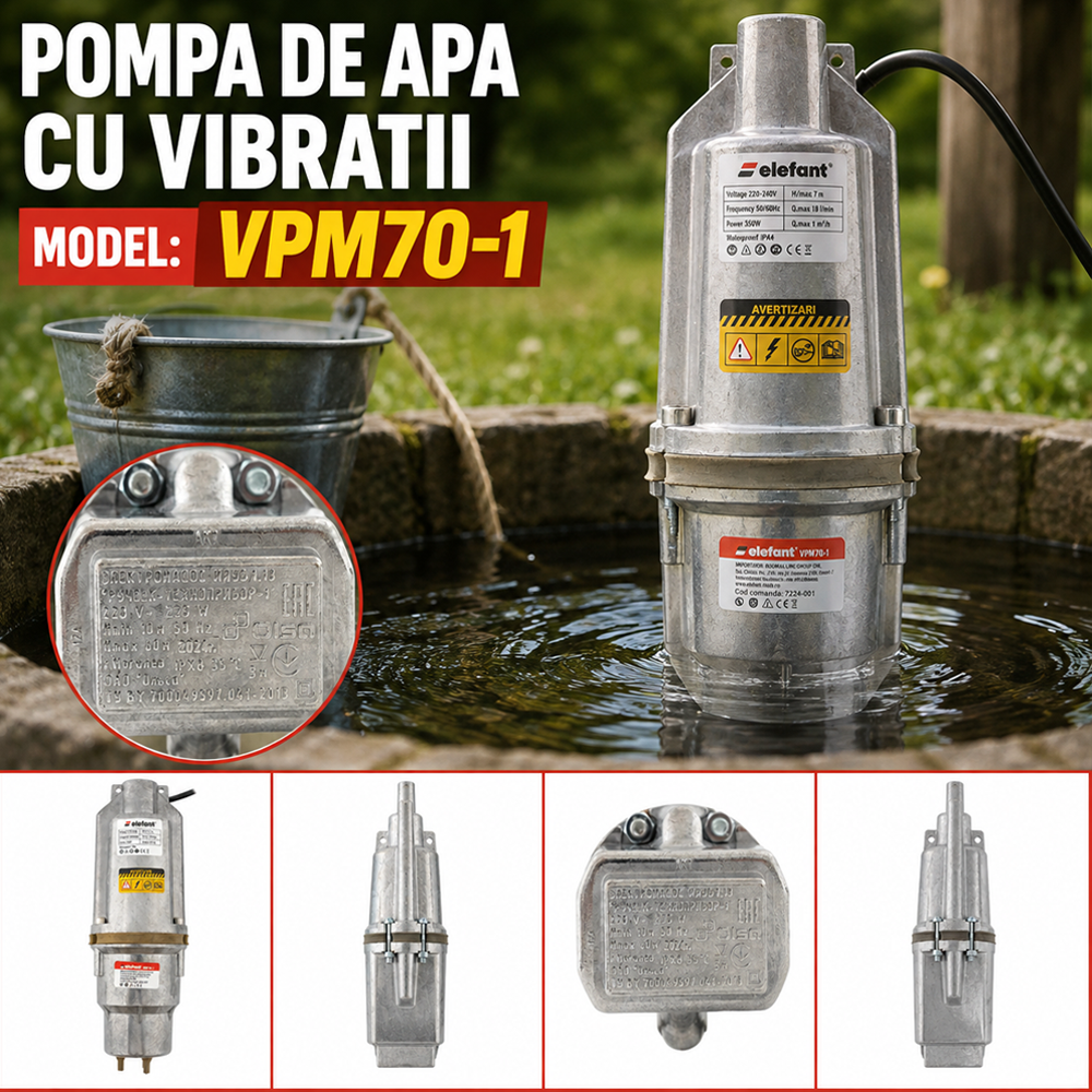 Pompă de apă cu vibrații 350W, 20 l/min, refulare 70 m, cablu 10 m, VMP70-1 [5]