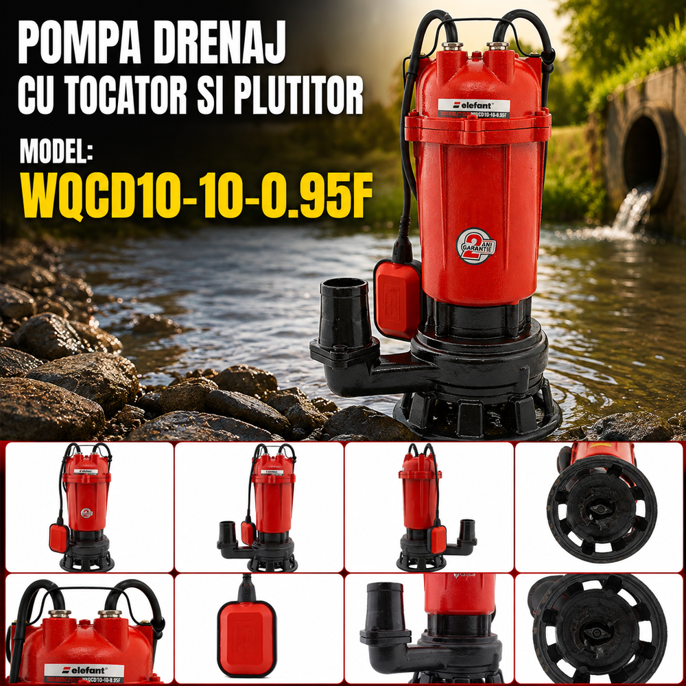 Pompă de drenaj submersibilă cu tocător și plutitor, 950W, 267 l/min, refulare 13 m, racord 2", WQCD10-10-0.95F [5]