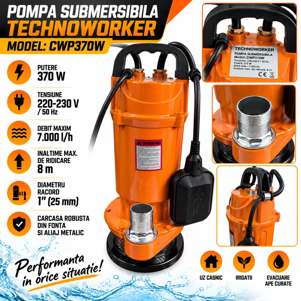 Pompă submersibilă pentru apă curată cu plutitor, 350W, 7 m³/h, refulare 17 m, cablu 7 m, CWP370W [4]