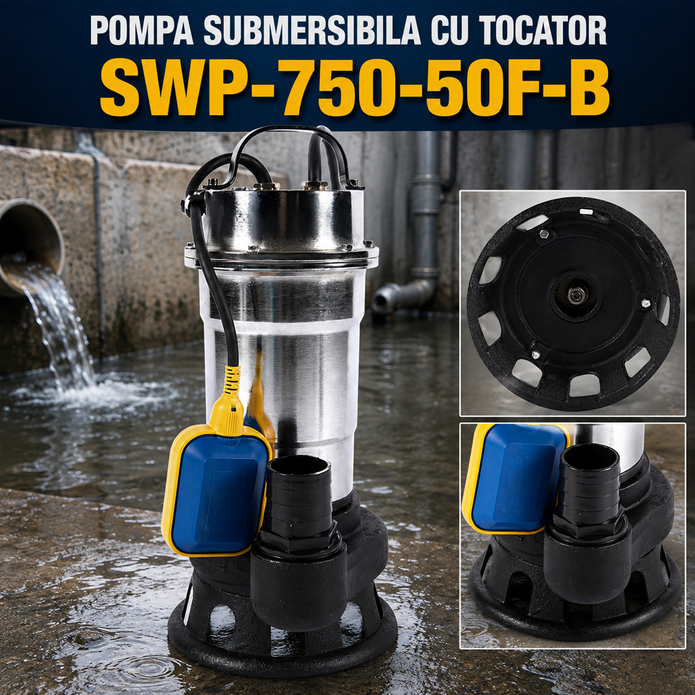 Pompă submersibilă cu tocător și plutitor 750W, debit 200 l/min, refulare 10 m, racord 2", SWP-750-50F-B [3]