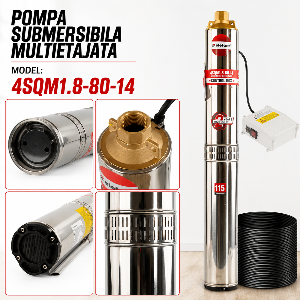 Pompă submersibilă multietajată 1630W, 14 turbine, debit maxim 3,6 m³/h, înălțime nominală 80 m, 4SQM1.8-80-14 [5]