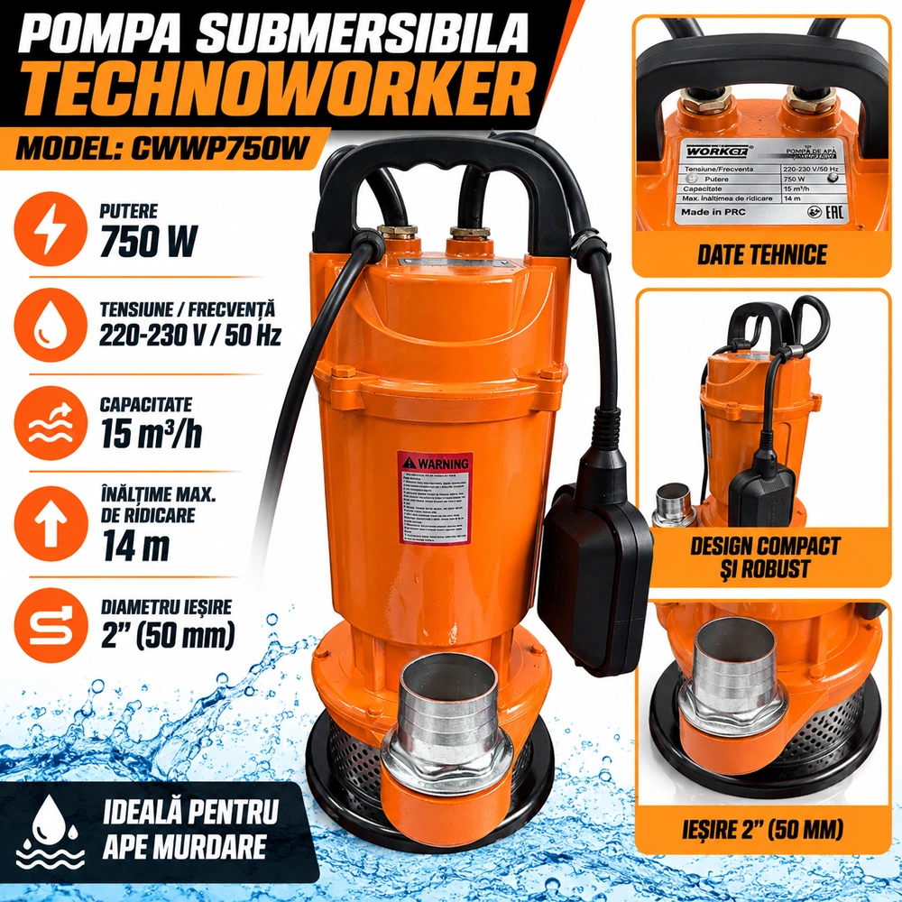 Pompă submersibilă pentru apă curată cu plutitor 750W, 15 m³/h, refulare 14 m, racord 2", cablu 7 m, CWP750W [4]