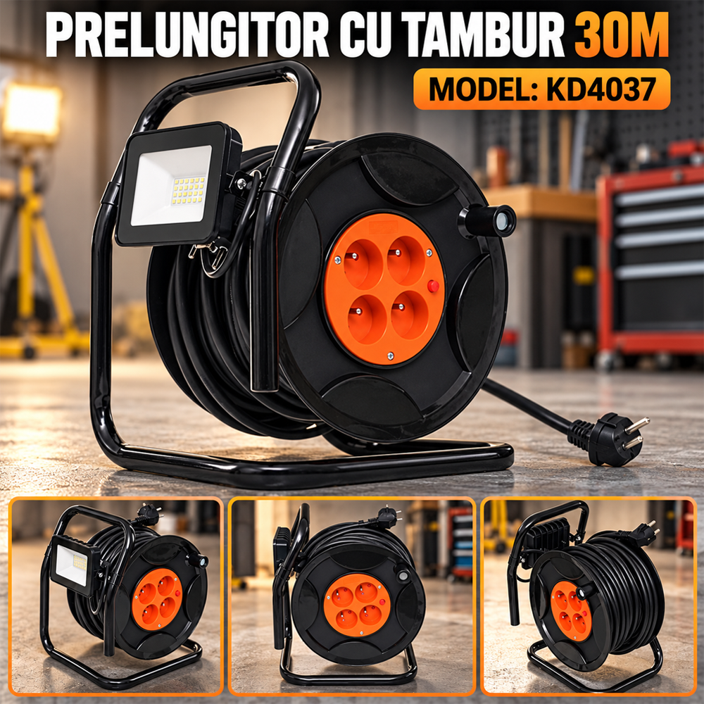 Prelungitor pe tambur 30 m, 4 prize 250V/6A, lampă LED 20 W, IP65, KD4037 [5]