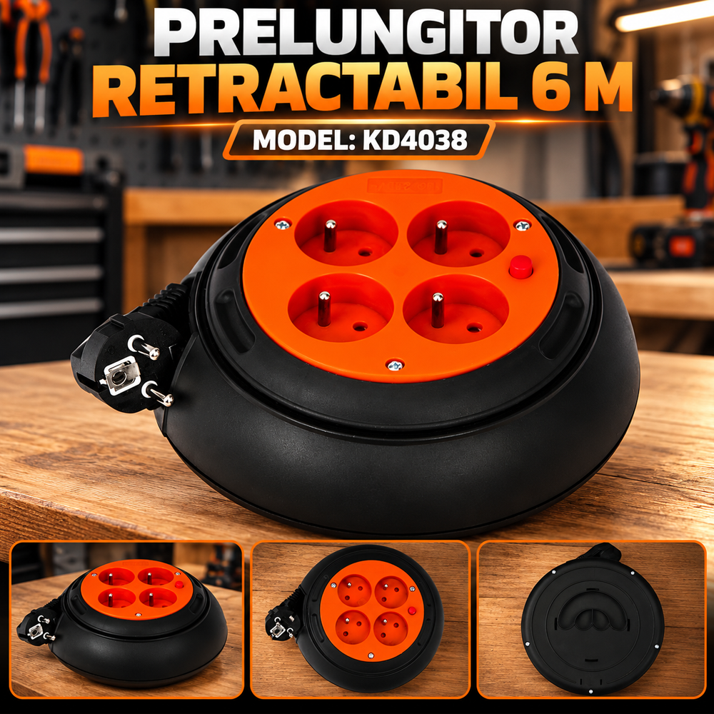 Prelungitor retractabil 6 m, 4 prize cu împământare, 230 V, protecție la suprasarcină, KD4038 [5]