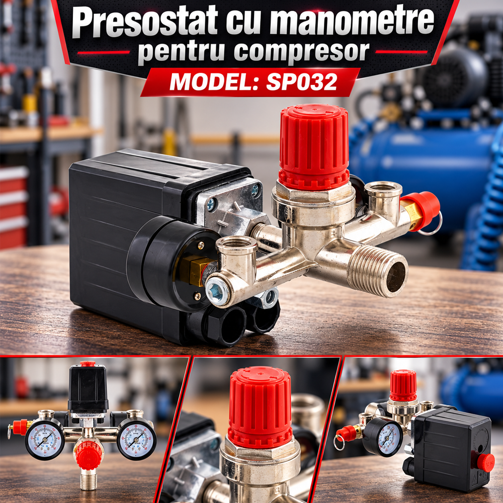 Presostat cu manometre pentru compresor, 220 V, 0–170 psi, SP032 [7]
