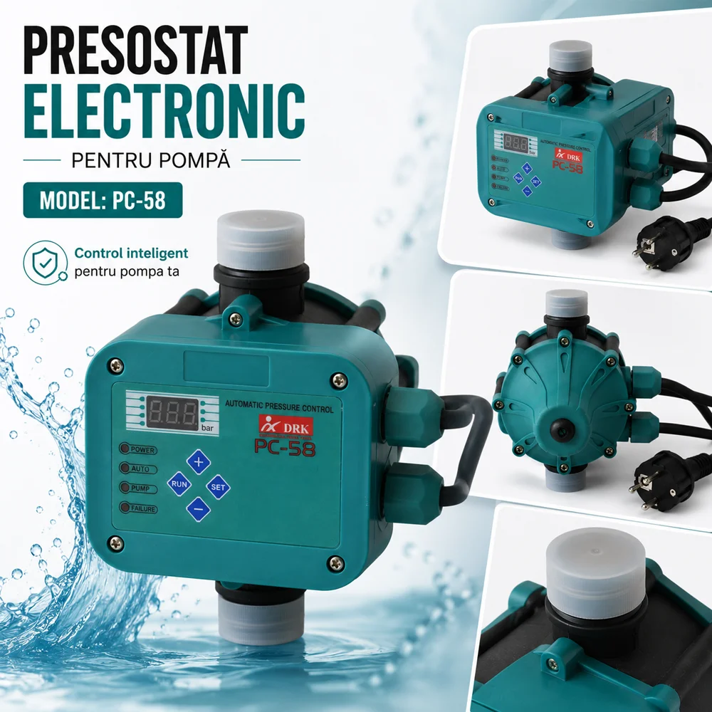 Presostat electronic digital pentru pompă, 1.1 kW, racord 1 tol, presiune reglabilă 0,5–6 bar, IP65, PC-58 [5]