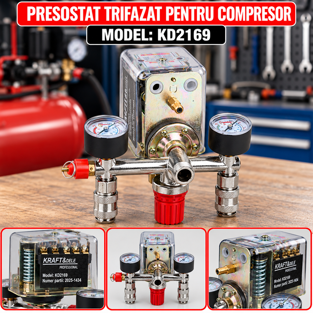 Presostat trifazat pentru compresor, cu racord în T, 2 manometre și 2 cuple rapide, KD2169 [5]