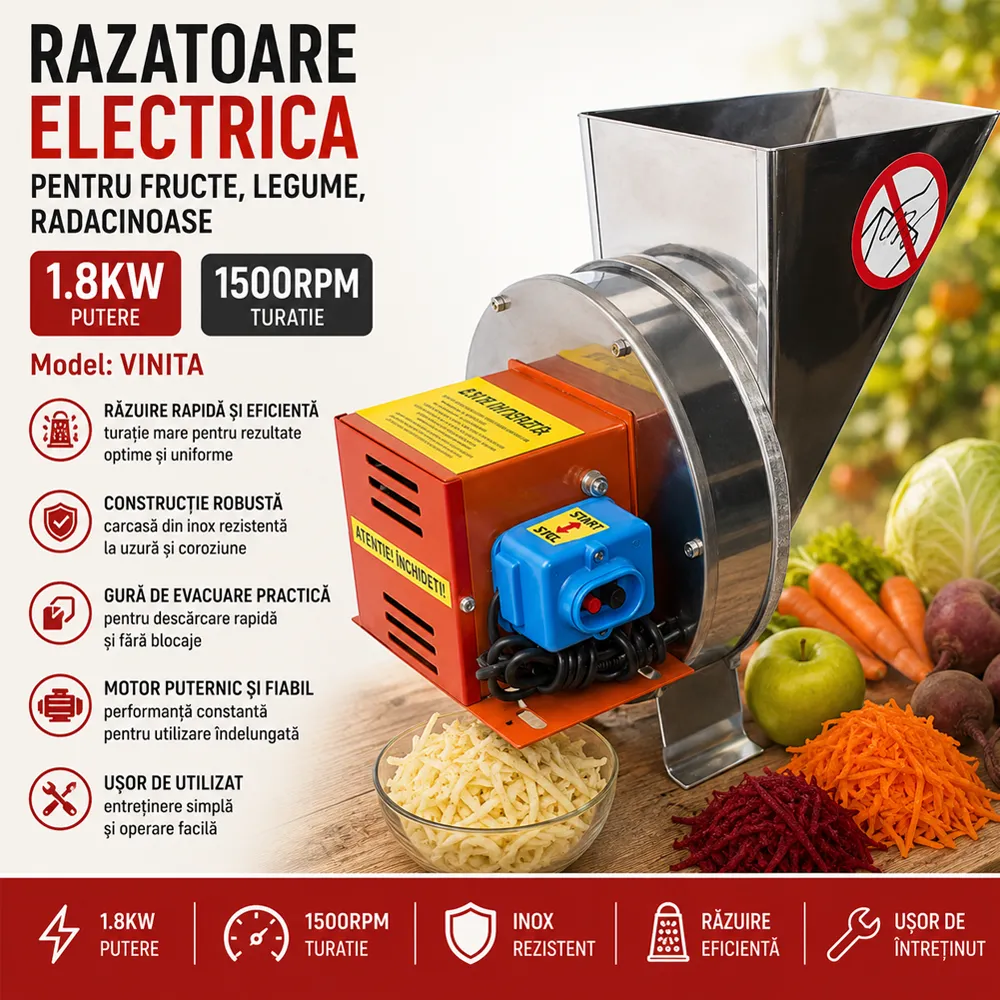 Răzătoare electrică pentru fructe și legume 1,8 kW, 400 kg/h, complet inox, VINITA [5]